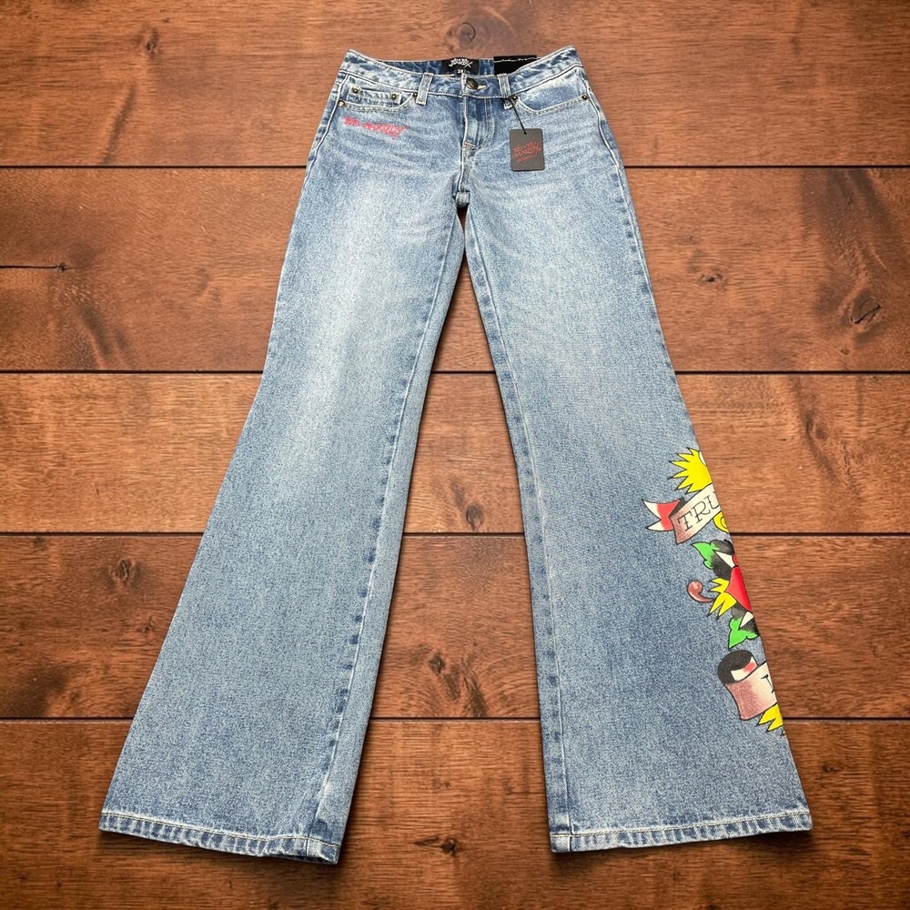 NEW Ed Hardy Womens Light Wash Flare Tattoo Graphic Jeans Y2K‎ Size 24 - W26xL32